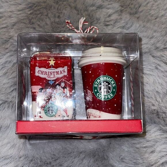 2007 Starbucks boxed Ornament Set Holiday Hot Cup & Christmas Blend Coffee Minia - Picture 2 of 7